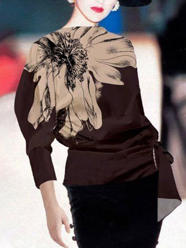 Long Sleeves Loose Asymmetric Floral Printed Split-Joint Stand Collar T-Shirts Tops