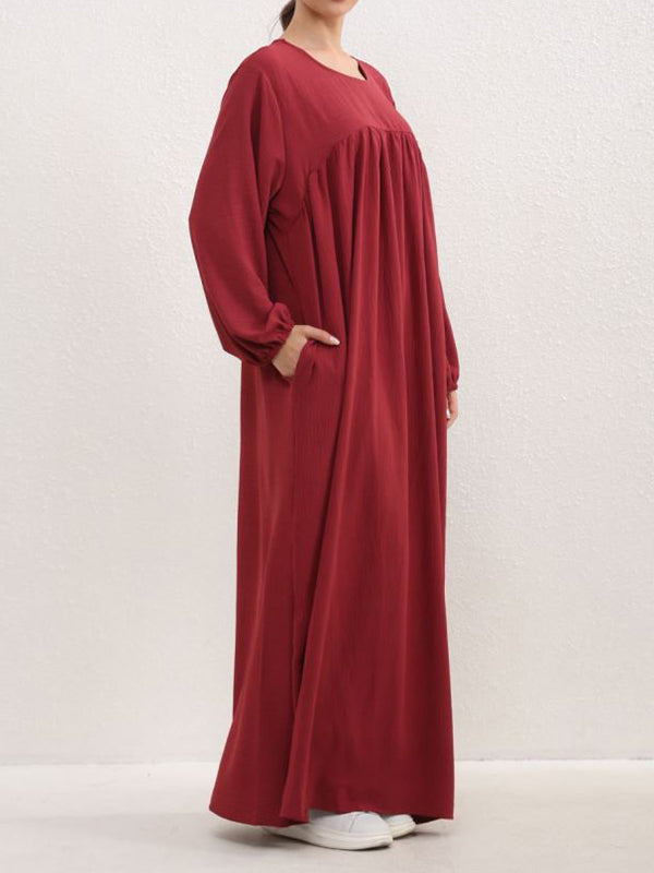 Long Sleeves Loose Pleated Solid Color Split-Joint Round-Neck Maxi Dresses