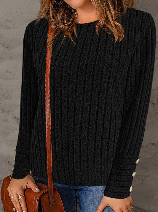 Long Sleeves Loose Buttoned Solid Color Round-Neck T-Shirts Tops