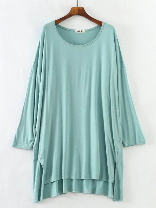 Solid Color Modal Plus Size High-Low Long Sleeve Pajamas Dress