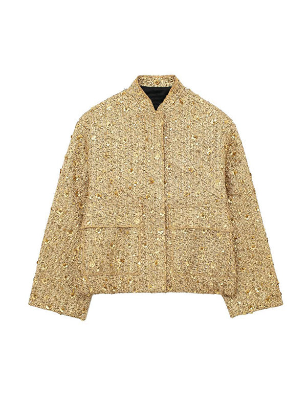 Long Sleeves Loose Elasticity Sequined Split-Joint Stand Collar Outerwear