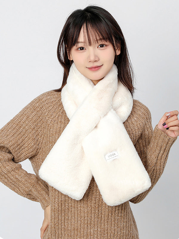 Casual Faux Fur Keep Warm Solid Color Cross Plush Shawl&Scarf