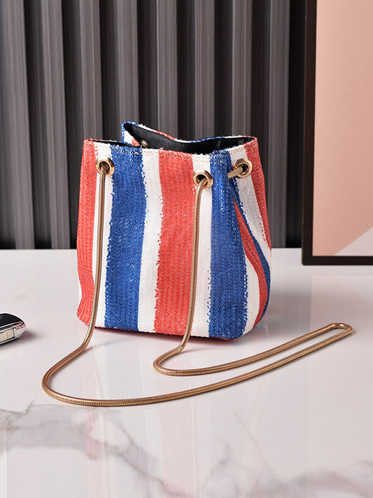 Drawstring Sequined Split-Joint Striped Bags Tote Bags
