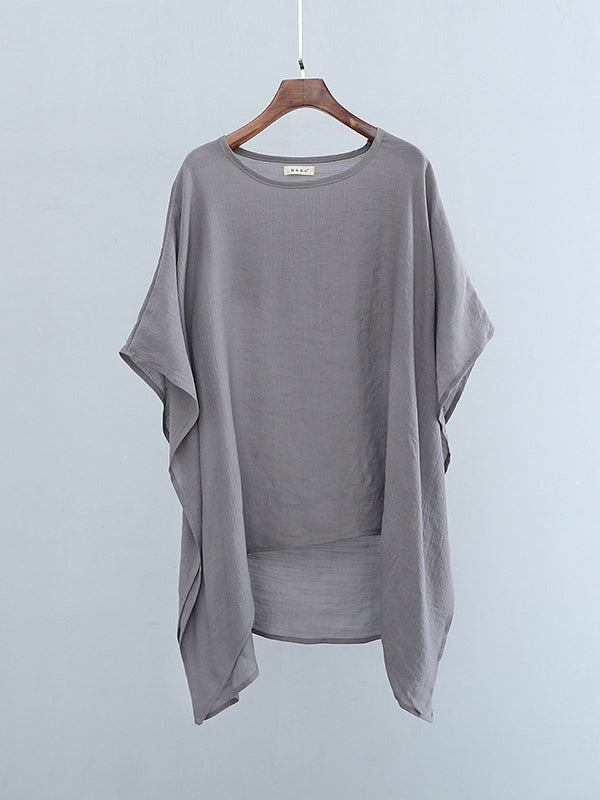 Half Sleeves High-Low See-Through Solid Color Round-Neck Blouses