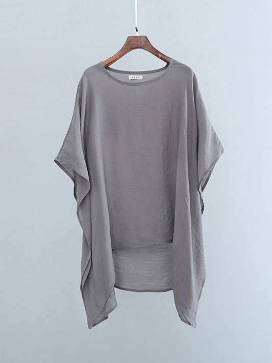 Half Sleeves High-Low See-Through Solid Color Round-Neck Blouses