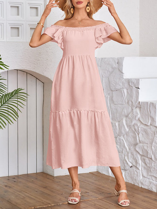 A-Line Loose Elasticity Pleated Ruffled Solid Color Split-Joint Off-The-Shoulder Midi Dresses