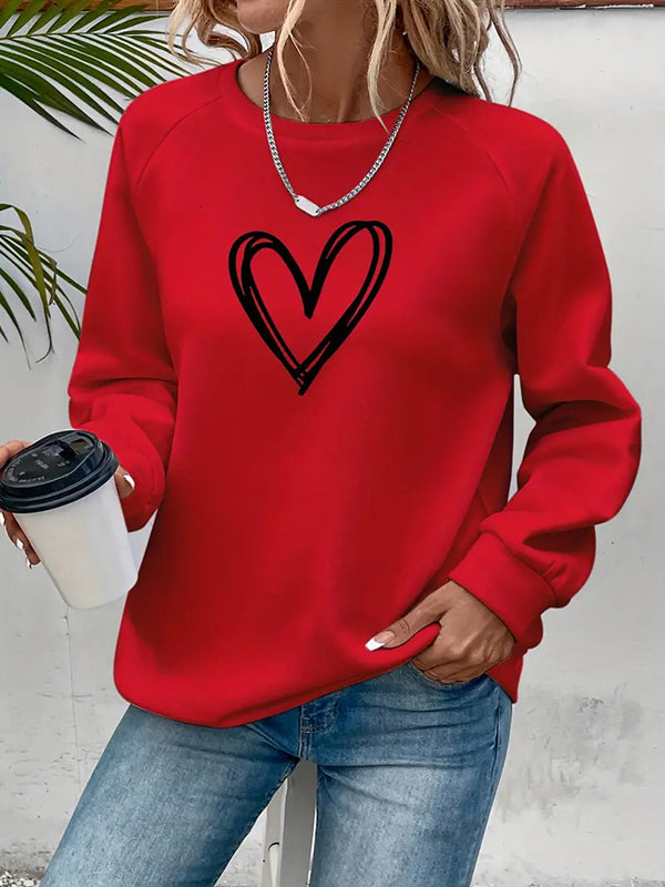 Long Sleeves Loose Heart Print Split-Joint Round-Neck Sweatshirt Tops
