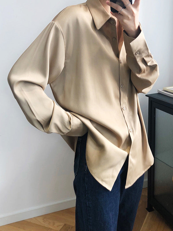 Simple Solid Color Satin Chiffon Long Sleeve Blouse