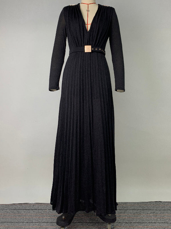 Long Sleeves Wrap Belted Pleated Solid Color Split-Side V-Neck Evening Dresses Maxi Dresses