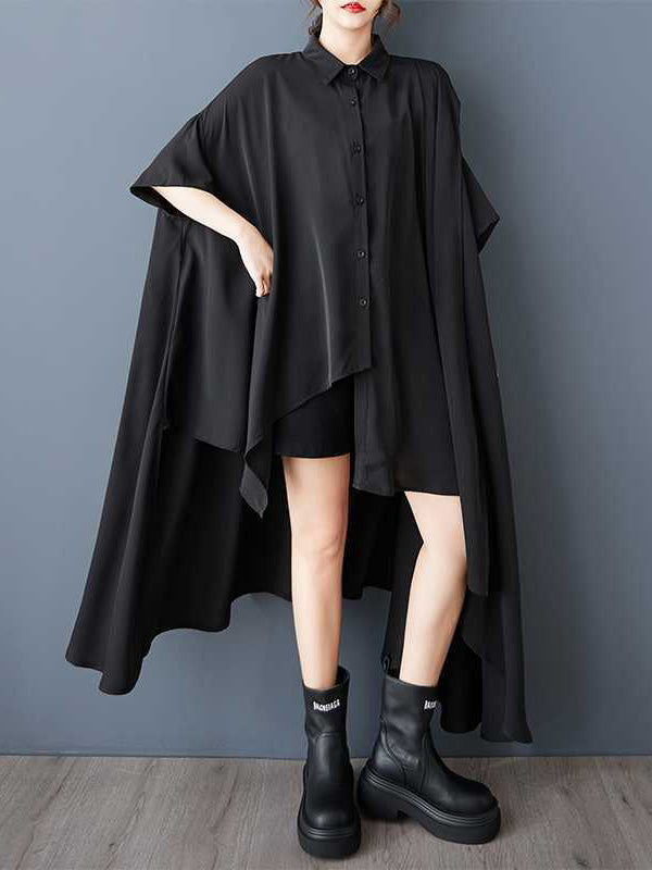 A-Line Half Sleeves Asymmetric Buttoned Pockets Solid Color Lapel Midi Dresses Shirt Dress