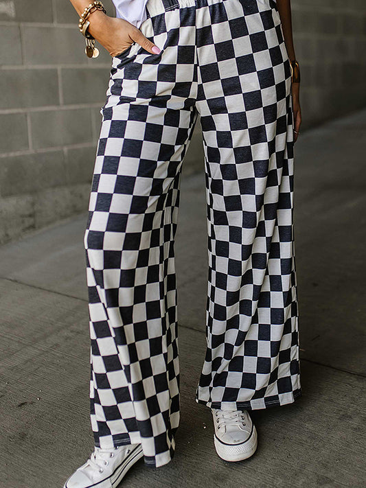 High Waisted Loose Contrast Color Elasticity Plaid Pockets Pants Trousers