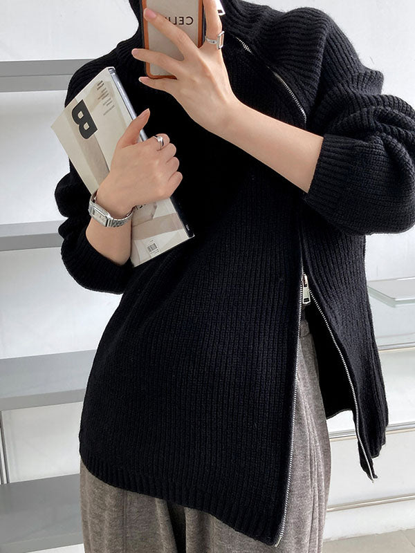 Urban Loose Long Sleeves Split-Side Solid Color Zipper Halter-Neck Sweater Tops