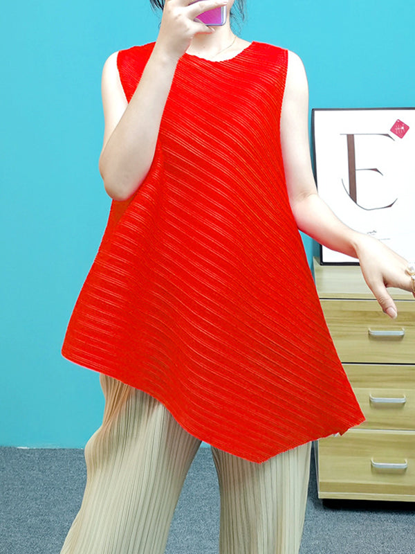Irregular Clipping Loose Pleated Solid Color Round-Neck Vest Top
