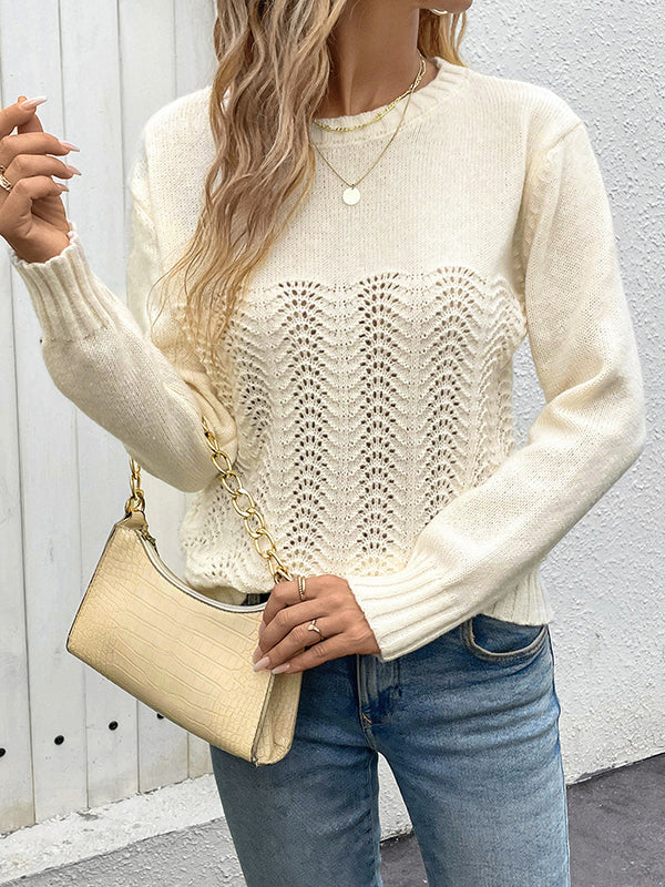Long Sleeves Loose Hollow Solid Color Round-Neck Pullovers Sweater Tops