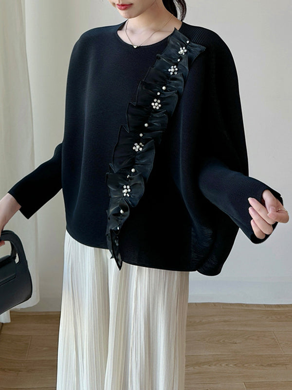 Batwing Sleeves Long Sleeves Pleated Ruffle Trim Solid Color Split-Joint Round-Neck T-Shirts Tops