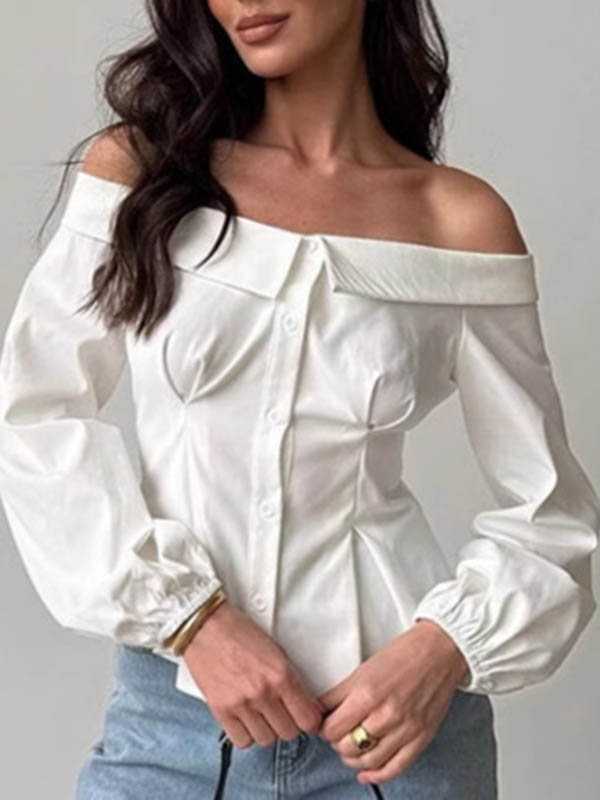 Long Sleeves Loose Buttoned Elasticity Pockets Solid Color Off-The-Shoulder Blouses&Shirts Tops