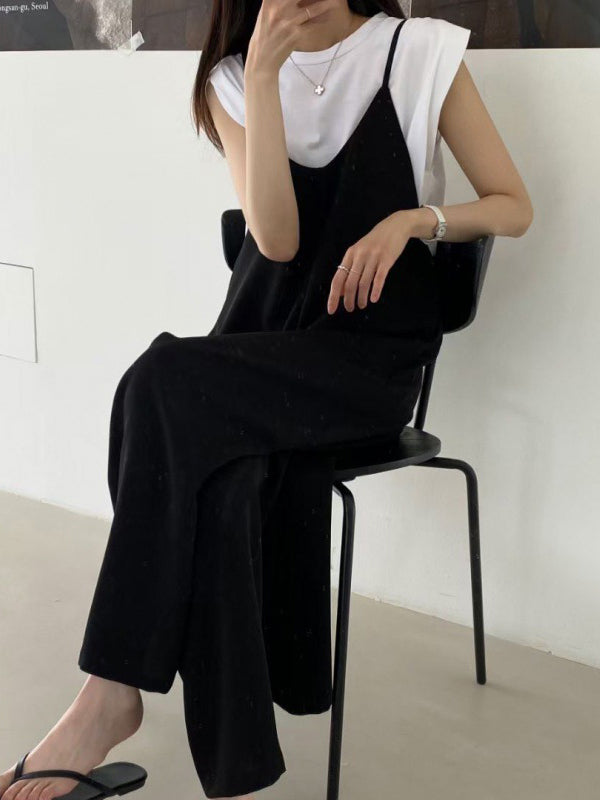 Wide Leg Solid Color Spaghetti-Neck Overalls