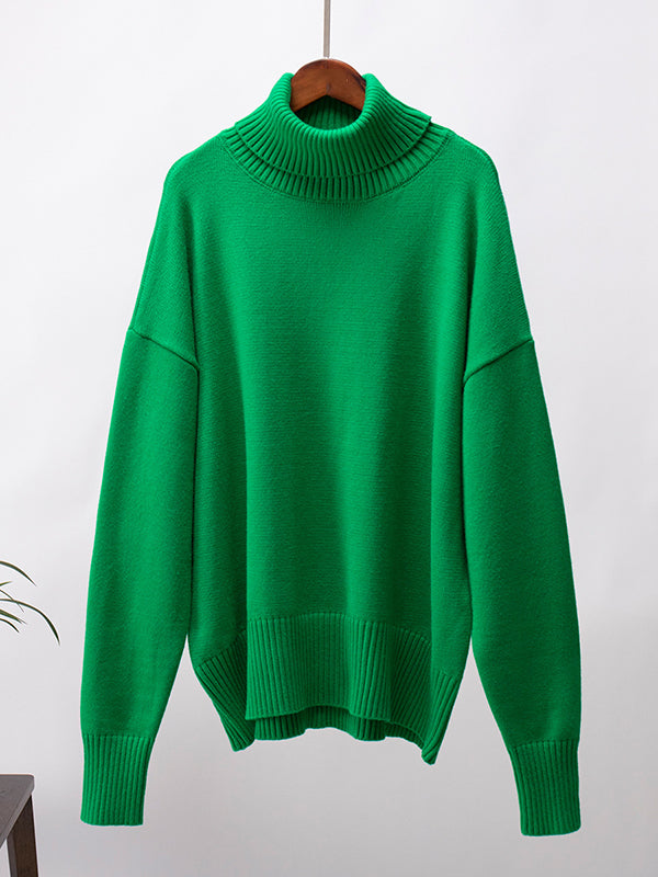 High-Low Long Sleeves Solid Color Split-Joint High Neck Sweater Tops