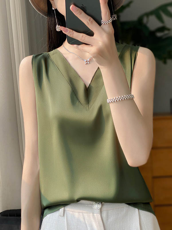 Loose Sleeveless Solid Color V-Neck Vest Top