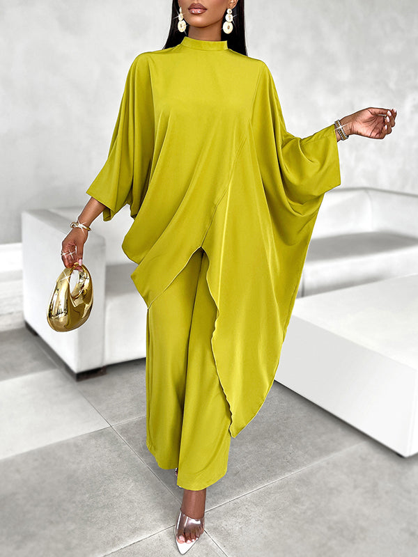 Batwing Sleeves Long Sleeves Asymmetric Hollow Solid Color Mock Neck T-Shirt Top + Pants Bottom Two Pieces Set