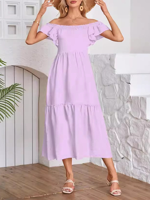 A-Line Loose Elasticity Pleated Ruffled Solid Color Split-Joint Off-The-Shoulder Midi Dresses