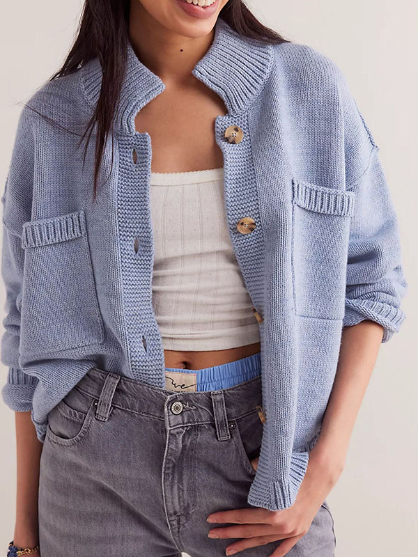 Long Sleeves Loose Buttoned Pockets Solid Color Split-Joint Stand Collar Cardigan Tops