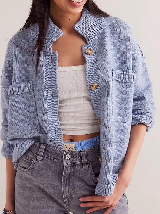 Long Sleeves Loose Buttoned Pockets Solid Color Split-Joint Stand Collar Cardigan Tops