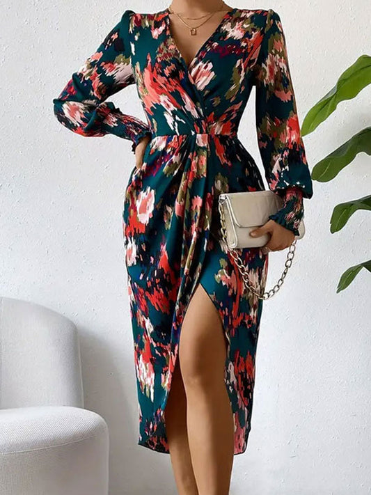 Long Sleeves Loose Elasticity Floral Printed V-Neck Midi Dresses Shirt Dress