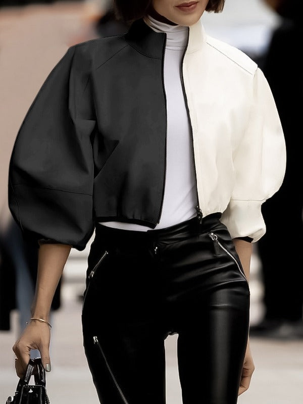 Loose Puff Sleeves Contrast Color Split-Joint Stand Collar Outerwear