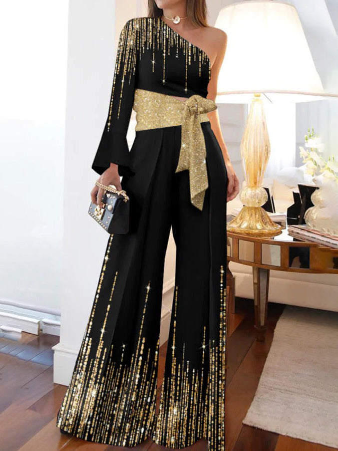 Long Sleeves Loose Printed Shiny Tied Waist One-Shoulder Jumpsuits Bottoms