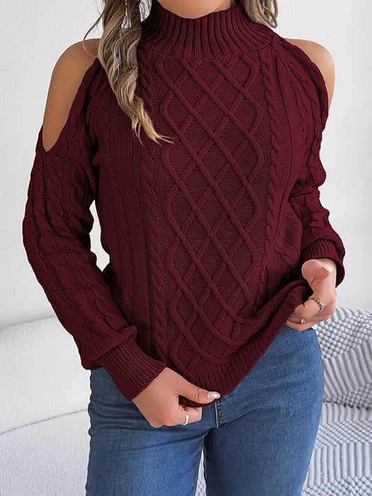 Long Sleeves Loose Hollow Solid Color Cold Shoulder Pullovers Sweater Tops