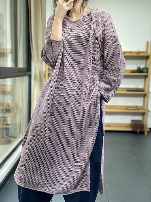 Long Sleeves Loose Asymmetric Hollow Split-side Round-neck Sweater Tops