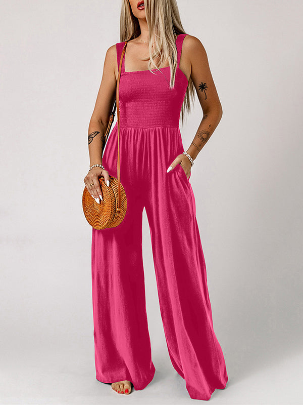 Sleeveless Wide Leg Pleated Solid Color Square-Neck Jumpsuits