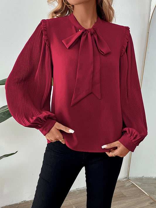Long Sleeves Loose Pleated Ruffle Trim Solid Color Split-Joint Tied V-Neck Blouses&Shirts Tops