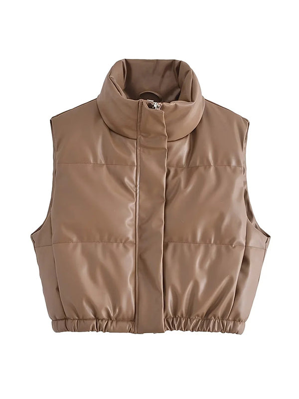 Skinny Sleeveless Drawstring Elasticity Solid Color Split-Joint Zipper Stand Collar Padded Vest