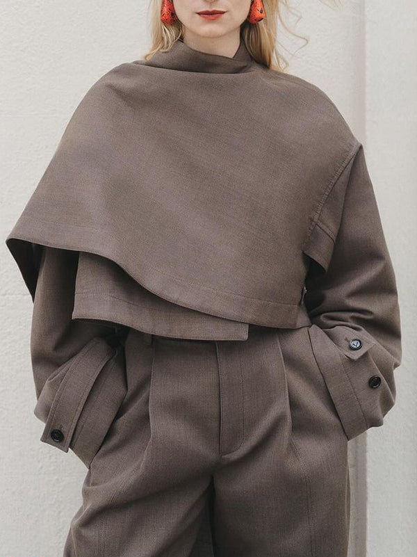 Long Sleeves Loose Asymmetric Buttoned Pockets Solid Color Stand Collar Blazer Outerwear