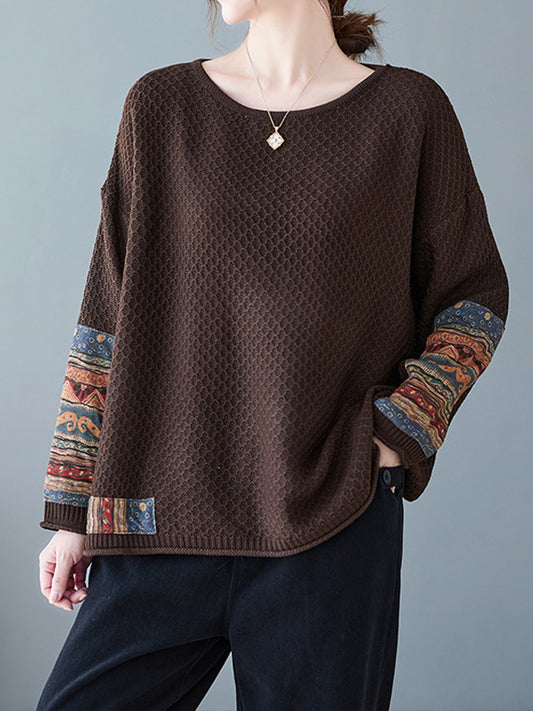 Long Sleeves Loose Printed Split-Joint Round-Neck Pullovers Sweater Tops