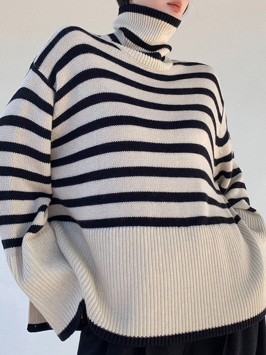 Long Sleeves Loose Contrast Color Pleated Split-Joint Split-Side Striped Patterns High Neck Sweater Tops