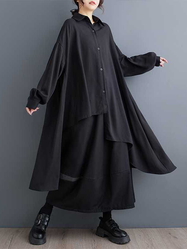 High-Low Long Sleeves Asymmetric Buttoned Solid Color Split-Joint Lapel Blouses&Shirts Tops