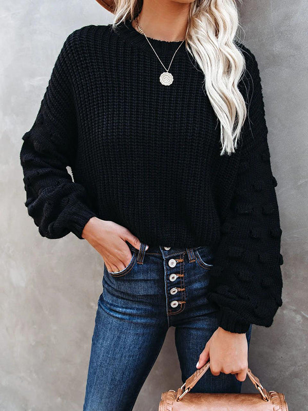 Long Sleeves Loose Hollow Solid Color Round-Neck Knitwear Pullovers Sweater Tops
