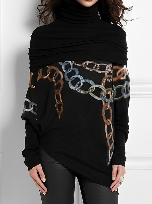 Long Sleeves Printed Split-Joint High Neck T-Shirts Tops