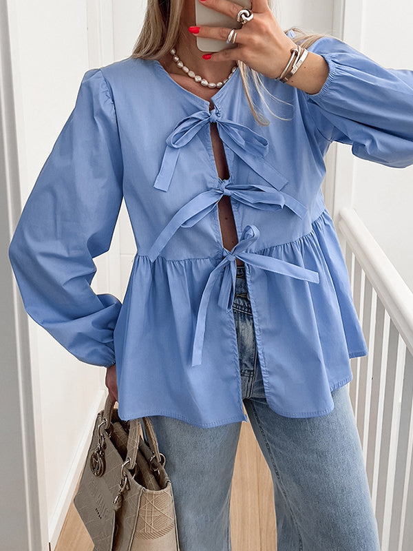 Long Sleeves Loose Elasticity Solid Color Split-Joint Tied Round-Neck Blouses&Shirts Tops