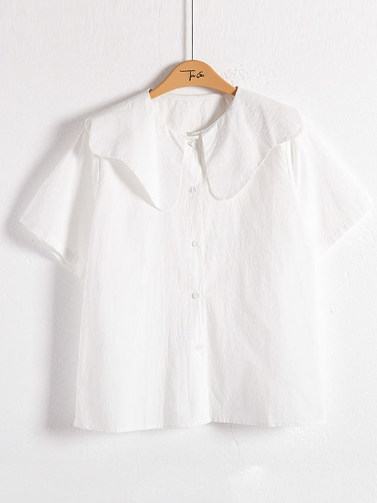 Loose Short Sleeves Solid Color Split-Joint Peter Pan Collar Blouses&Shirts Tops