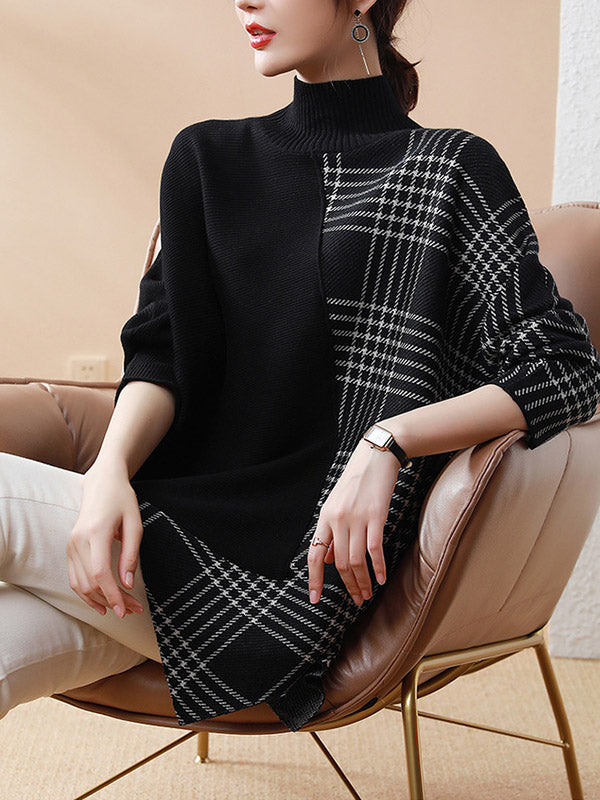 Casual Loose 3 Colors Split-Joint Plaid High-Neck Batwing Long Sleeves Sweater Top