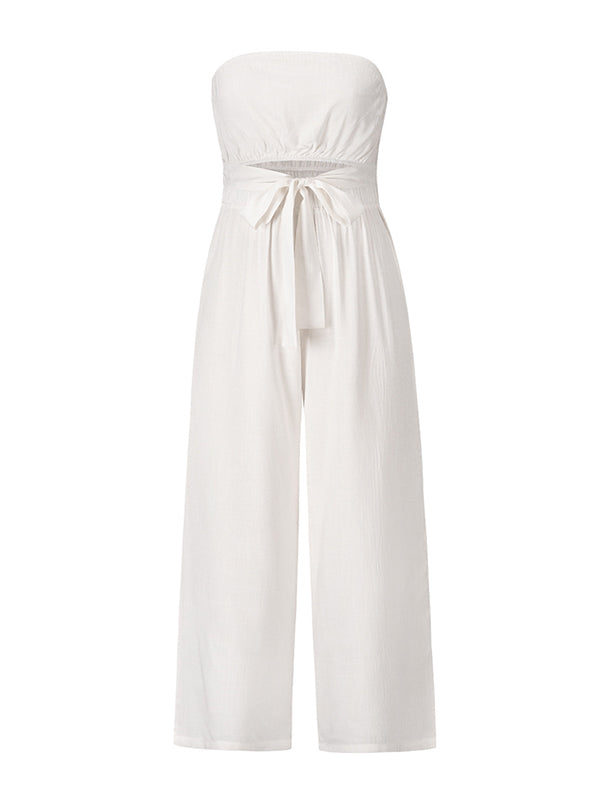 Original Cold Shoulder Tied Solid Color Straight Leg Jumpsuits