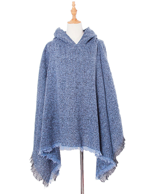 Fringed Hooded Keep Warm Solid Color Cape Shawl&Cloak