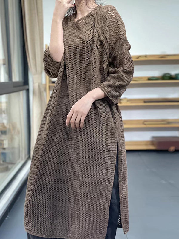 Long Sleeves Loose Asymmetric Hollow Split-side Round-neck Sweater Tops