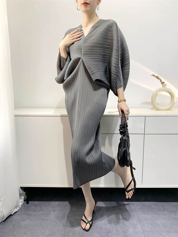 Original Creation Loose Batwing Sleeves Pleated Solid Color V-Neck Midi Dresses