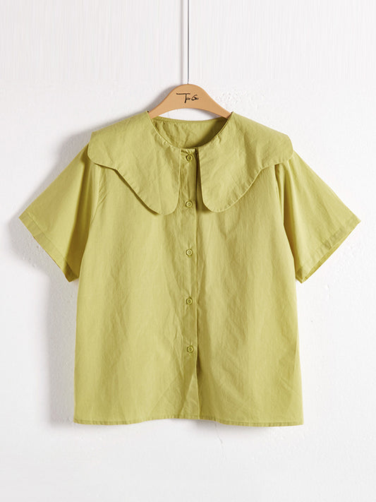 Loose Short Sleeves Solid Color Split-Joint Peter Pan Collar Blouses&Shirts Tops