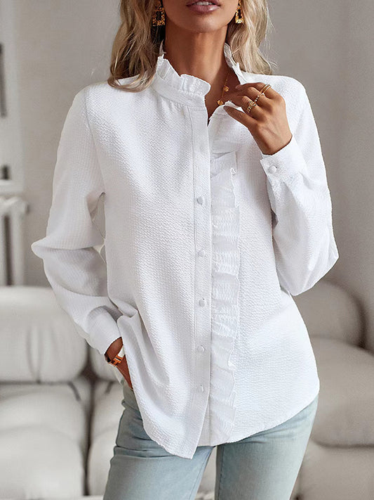 Long Sleeves Loose Pleated Ruffled See-Through Solid Color Split-Joint Stand Collar Blouses&Shirts Tops